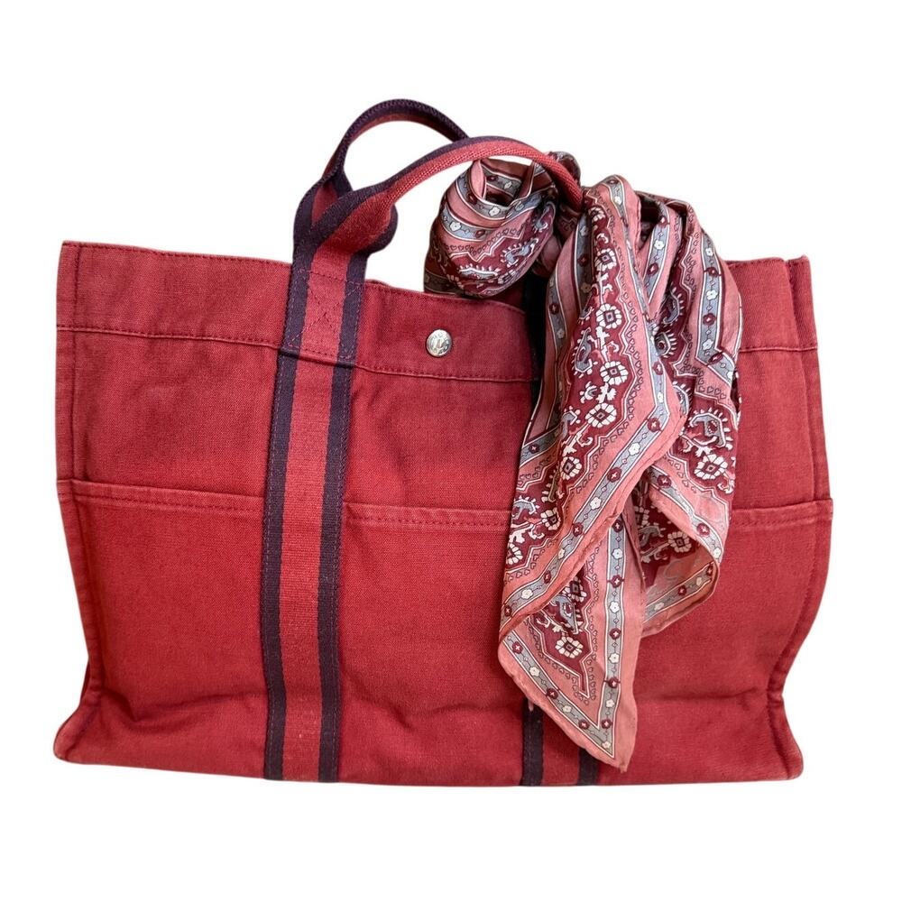 Hermes Toile Officier Fourre-Tout MM Canvas Tote Bag Red